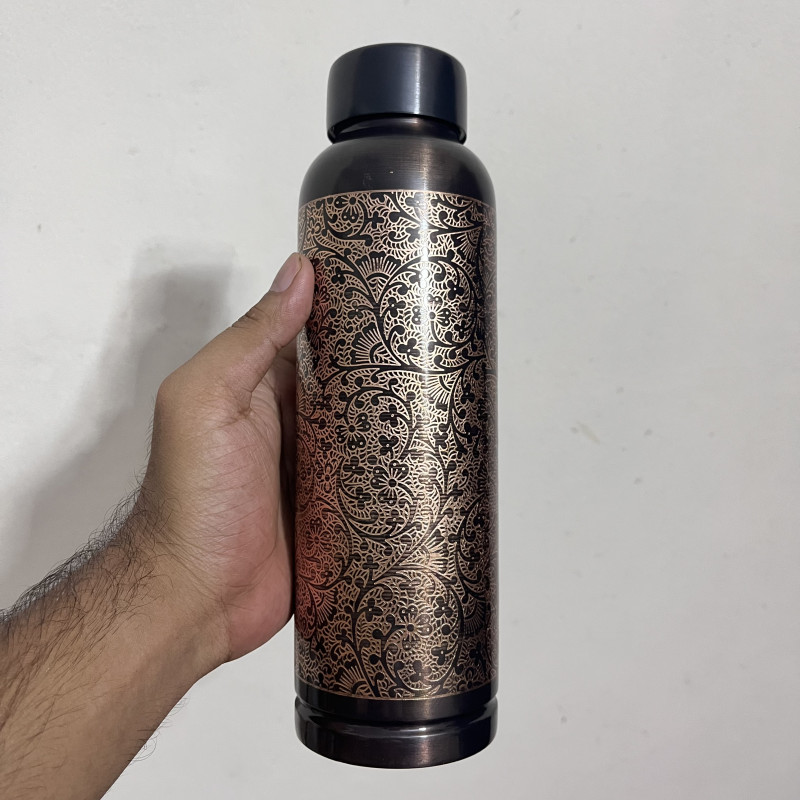 Premium Pure copper water bottle featuring an antique black glossy finish with intricate carved design - BPA Free Water Bottle, Leak Proof, Office Bottle, Boosts Immunity, Supports Digestive & Liver Health, Ayurveda Inspired