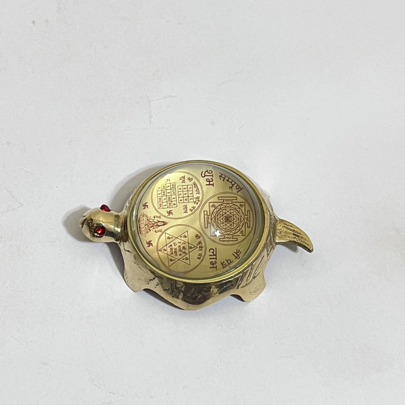 Brass Feng Shui Turtle with Glass Shree Yantra Lucky Charm Metal Tortoise Shreeyantra Vastu Kachua for Health & Wealth Decorative Showpiece For Home and Office Decoration