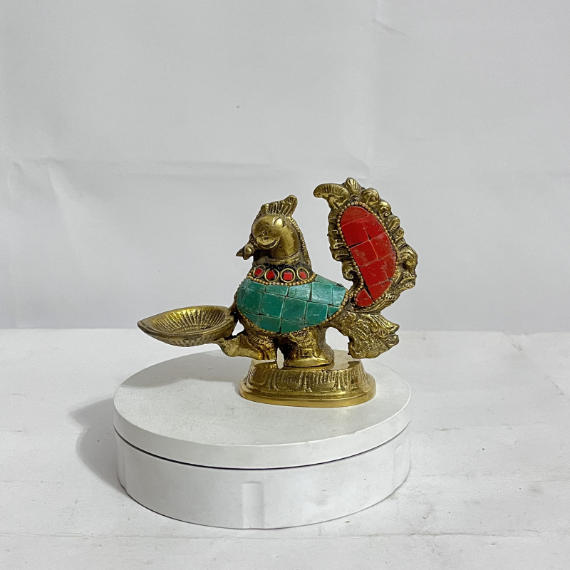 Unique Peacock Deepam Diya in Pure Brass with Gemstone Work