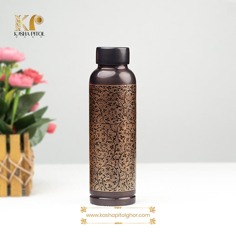 Premium Pure copper water bottle featuring an antique black glossy finish with intricate carved design - BPA Free Water Bottle, Leak Proof, Office Bottle, Boosts Immunity, Supports Digestive & Liver Health, Ayurveda Inspired