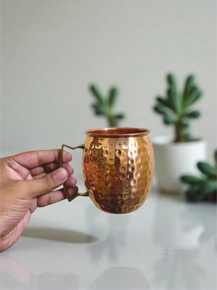 Handmade pure copper water mug, 450 ml capacity, 140 grams. Ideal for daily drinking, Ayurveda benefits, and traditional use