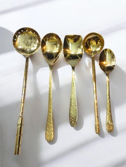 Pure Brass Designer Spoon Set – 5 Pieces | Handcrafted | Pitol