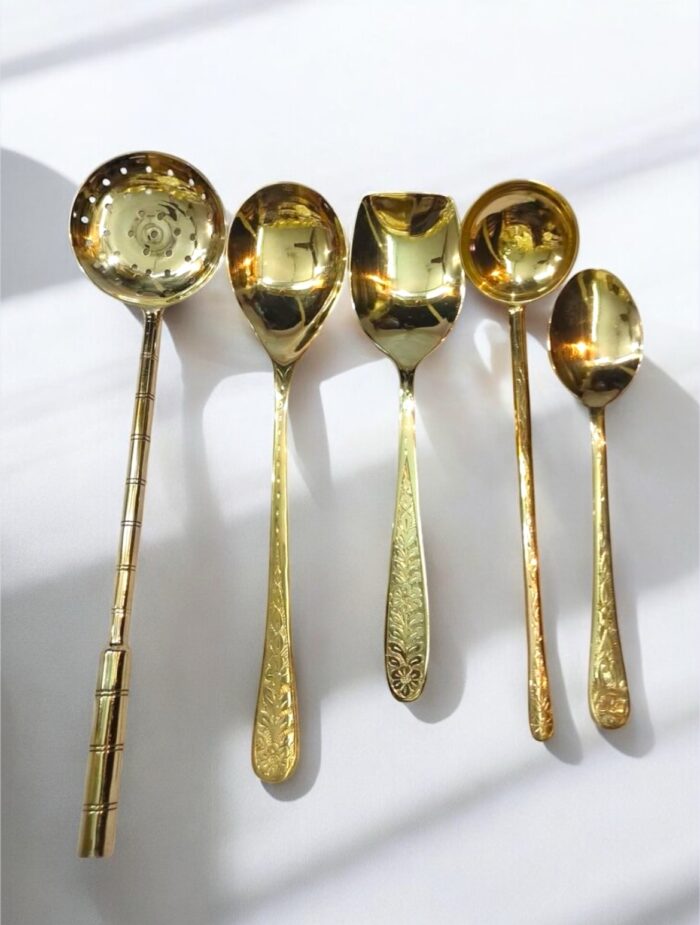 img_4803 Pure Brass Designer Spoon Set – 5 Pieces | Handcrafted | Pitol - Image 1