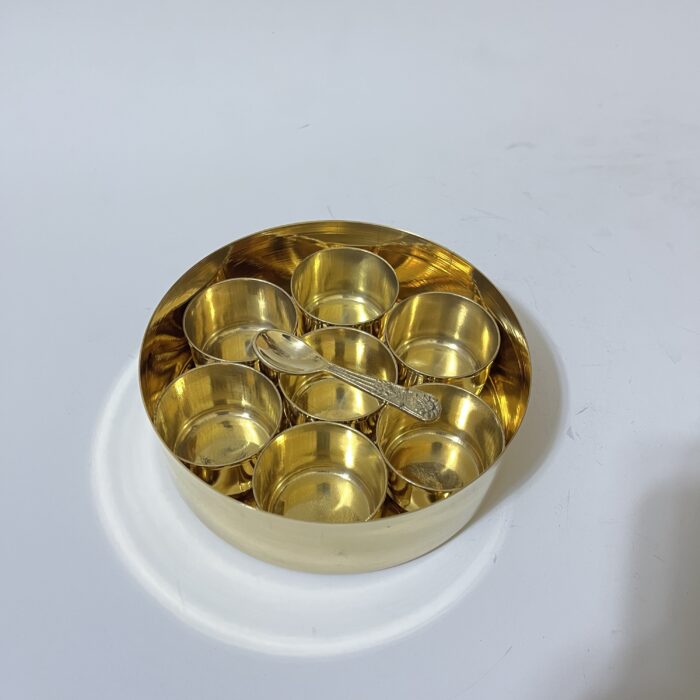 img_8021 Pure Brass Spice Box Masala Dabba Hammered Design for Storing Spices Masala Petti for Kitchen and Decor Purpose with 7 Storage Containers (7 Inch) - Image 3