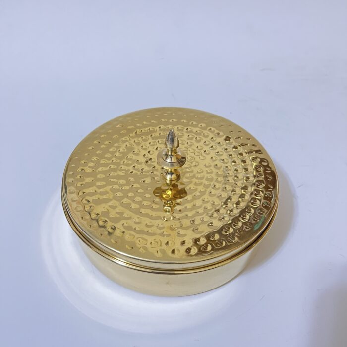 img_8025 Pure Brass Spice Box Masala Dabba Hammered Design for Storing Spices Masala Petti for Kitchen and Decor Purpose with 7 Storage Containers (7 Inch) - Image 7