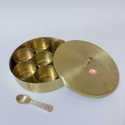 Brass Spice Box Set For Kitchen With Spoon (7 Containers,50 ml Each) with 1 Spoon
