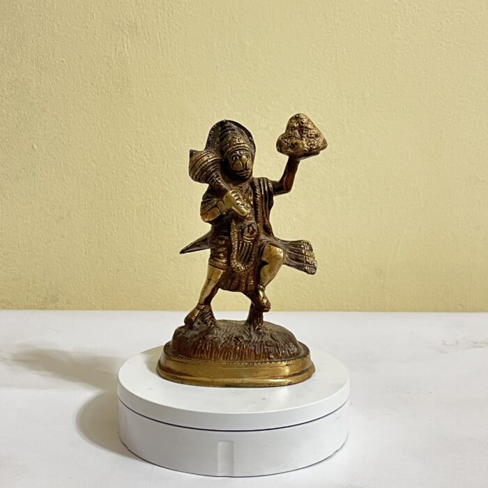 img_0132 Brass Coloured Bhagwan Hanuman Murti / Idol for Home and Office Decor | Standing Posture Idol Bajrangbali with Gada in one Hand and Carrying Sanjivini Mountain in Other Hand - Image 1