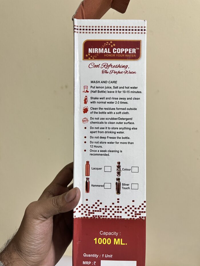 100% Pure Copper Water Bottle - 1 litre - Promotes Mind ,Body Health - Seamless - Leak Proof - Ayurvedic - Image 4