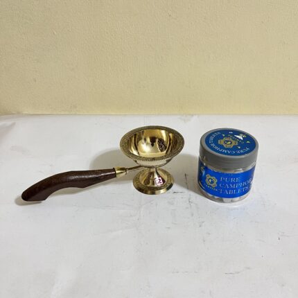Premium Brass Camphor Combo Set – কর্পূর দানি (কাঠের হ্যান্ডেল) + ১০০ গ্রাম Pure Camphor