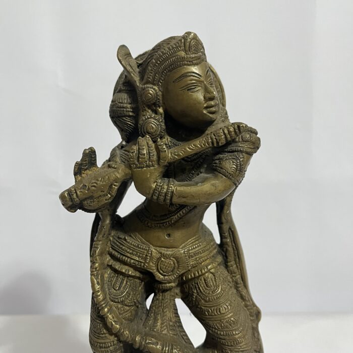 Brass Antique Krishna in a traditional dancing posture, known as the Nataraj pose. Statue - 10 inches - 2640 gm - Image 5