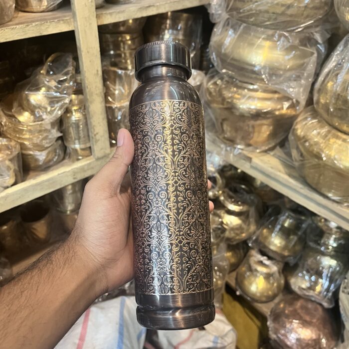 Premium Pure copper water bottle featuring an antique black glossy finish with intricate carved design - BPA Free Water Bottle, Leak Proof, Office Bottle, Boosts Immunity, Supports Digestive & Liver Health, Ayurveda Inspired - Image 1