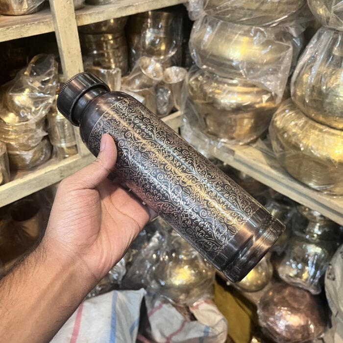 Premium Pure copper water bottle featuring an antique black glossy finish with intricate carved design - BPA Free Water Bottle, Leak Proof, Office Bottle, Boosts Immunity, Supports Digestive & Liver Health, Ayurveda Inspired - Image 2