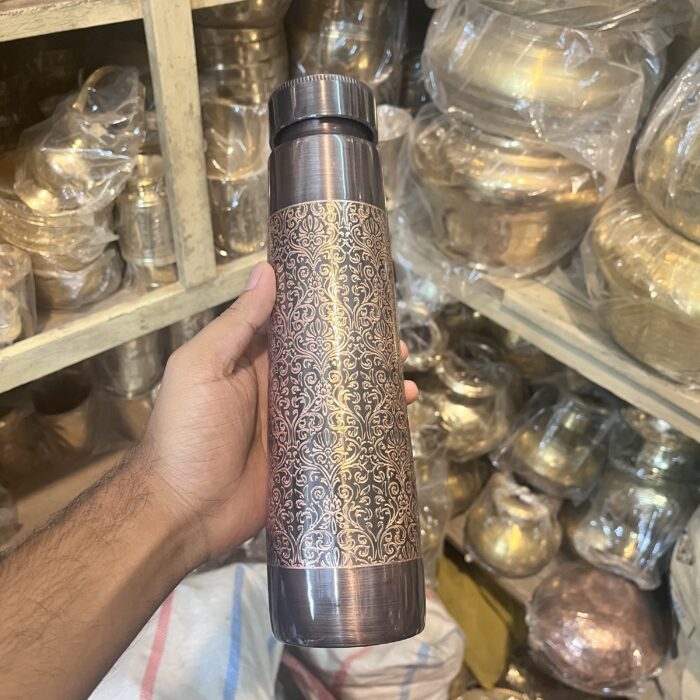 img_5102 Antique-style engraved pure copper water bottle with Advanced Leak Proof Protection, Ayurveda and Yoga Health Benefits - 900 ml - Image 1