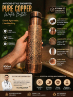 Antique-style engraved pure copper water bottle with Advanced Leak Proof Protection, Ayurveda and Yoga Health Benefits - 900 ml - Image 2