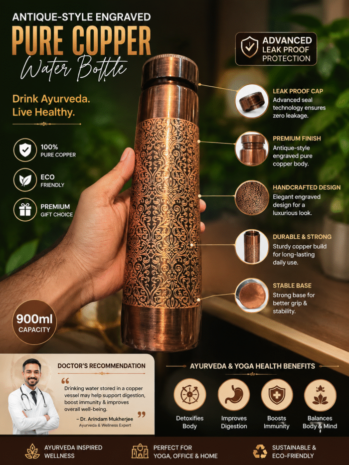 Antique-style engraved pure copper water bottle with Advanced Leak Proof Protection, Ayurveda and Yoga Health Benefits - 900 ml - Image 2