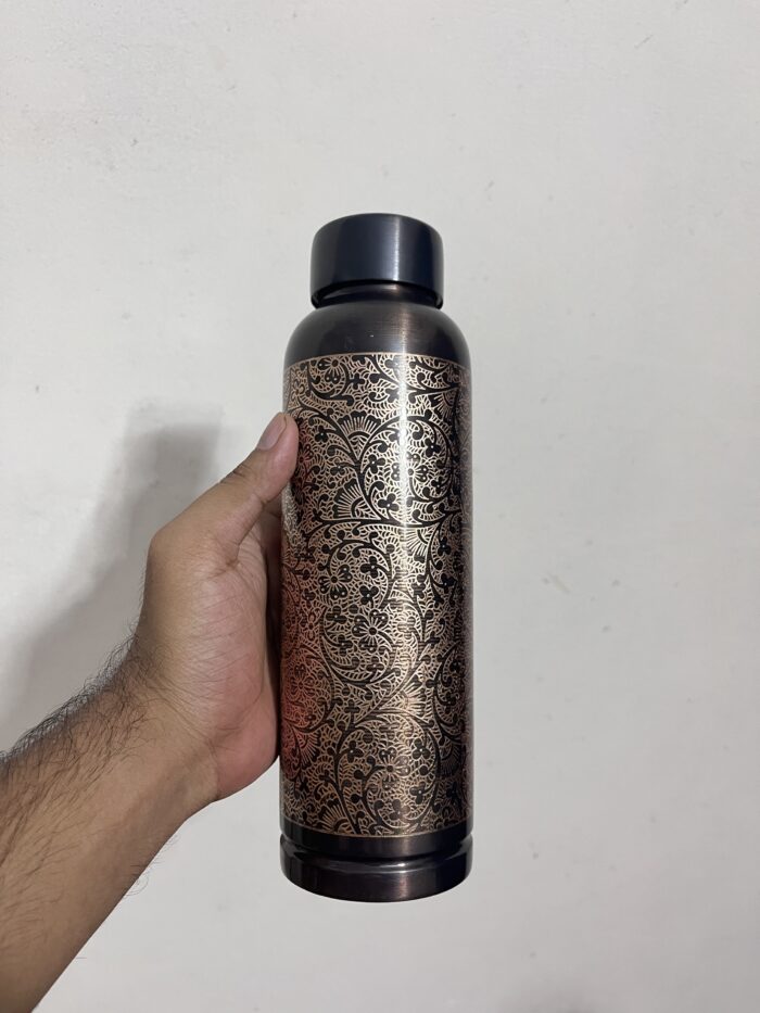 Premium Pure copper water bottle featuring an antique black glossy finish with intricate carved design - BPA Free Water Bottle, Leak Proof, Office Bottle, Boosts Immunity, Supports Digestive & Liver Health, Ayurveda Inspired - Image 1