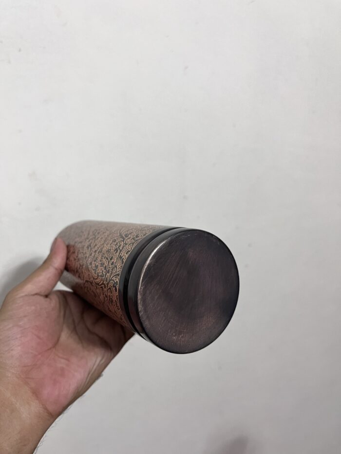 Premium Pure copper water bottle featuring an antique black glossy finish with intricate carved design - BPA Free Water Bottle, Leak Proof, Office Bottle, Boosts Immunity, Supports Digestive & Liver Health, Ayurveda Inspired - Image 2