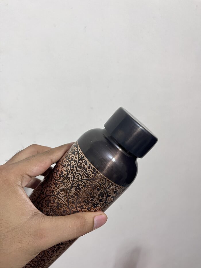Premium Pure copper water bottle featuring an antique black glossy finish with intricate carved design - BPA Free Water Bottle, Leak Proof, Office Bottle, Boosts Immunity, Supports Digestive & Liver Health, Ayurveda Inspired - Image 3