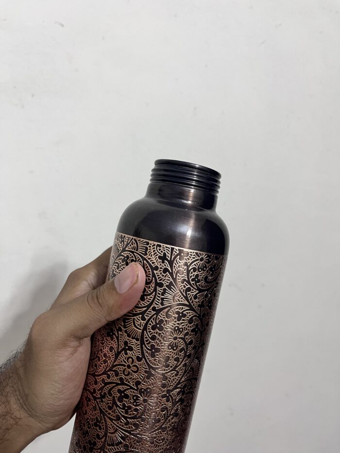 Premium Pure copper water bottle featuring an antique black glossy finish with intricate carved design - BPA Free Water Bottle, Leak Proof, Office Bottle, Boosts Immunity, Supports Digestive & Liver Health, Ayurveda Inspired - Image 5